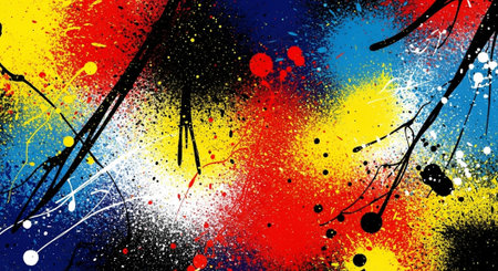 Energetic abstract splatter painting with vibrant primary color palette