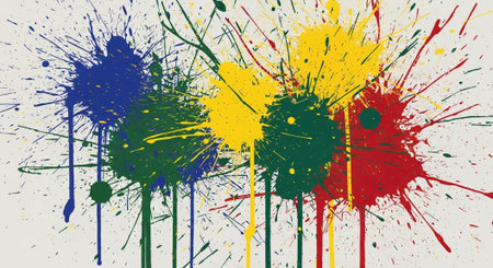 Colorful paint splashes on white backdrop, abstract vibrant art