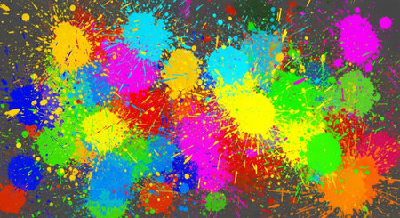 Vibrant splatter paint background on gray for creative design