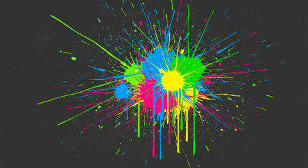 Colorful paint splatters exploding on a dark gray background