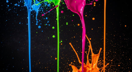 Vibrant neon paints splashing against dark background for abstract effect