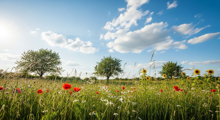 Scenic field of wildflowers under a bright blue sky