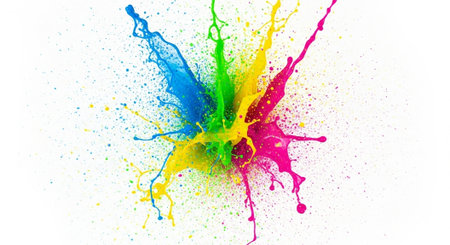 Vibrant paint splash of blue green yellow and pinkの写真素材
