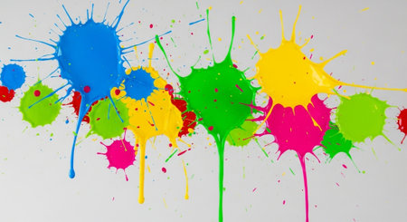 Brightly colored paint splatters on white background in studio