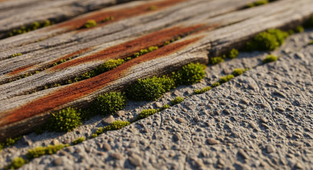 Rustic weathered wood and moss on stone surface