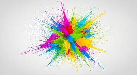 Vibrant explosion of colorful paint against a white background
