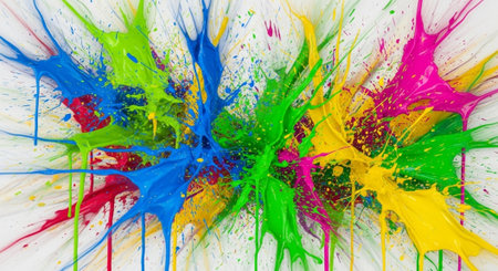 Explosion of vibrant colors paint splatter on white background