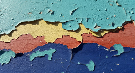 Layers of paint peeling on a textured wall surface