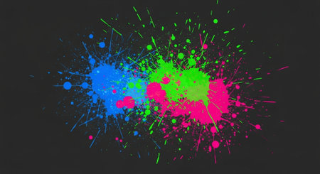 Vibrant splatters of neon colors on dark background