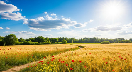 Golden wheat field with red poppies under bright blue sky