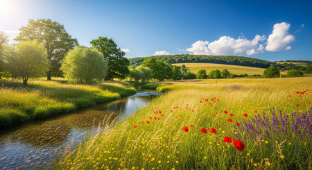 Idyllic landscape with wildflowers, river, and clear blue sky