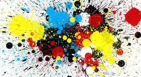 Vibrant paint splatters create an energetic, dynamic abstract background