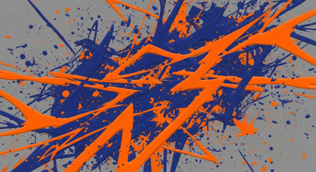 Abstract splash art with orange and blue paint on gray
