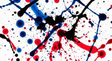 Splashes of vibrant red blue and black paint on white