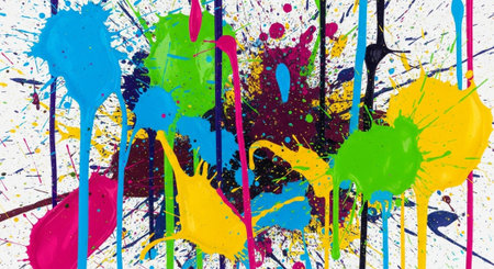 Abstract Colorful Paint Splatter on White Background Creates Visual Impact