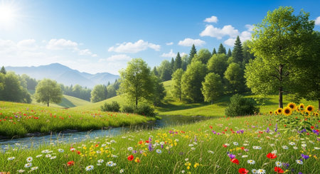 Idyllic meadow scene with wildflowers, river and distant mountainsの写真素材