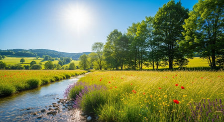 Scenic river flowing through vibrant wildflower meadow landscapeの写真素材