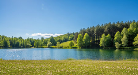 Scenic lake landscape with meadow and forest under blue skyの写真素材