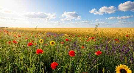 Vibrant summer meadow featuring poppies sunflowers and wheat field