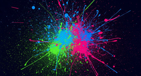 Abstract neon paint splatter explosion on dark background illustrationの写真素材