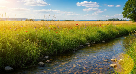 Idyllic countryside landscape with golden wheat field and streamの写真素材