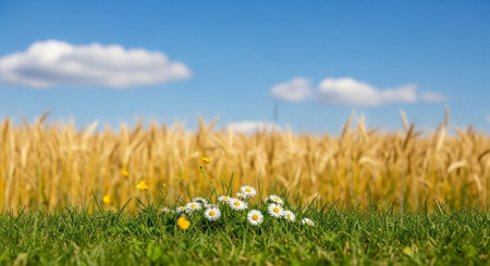Golden wheat field with daisies under a blue skyの写真素材
