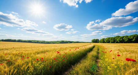Golden wheat field with red poppies under blue sky
