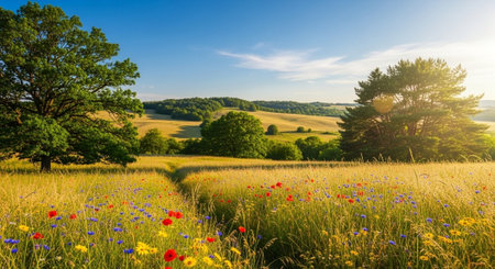 Scenic wildflower meadow under bright blue sky during summerの写真素材