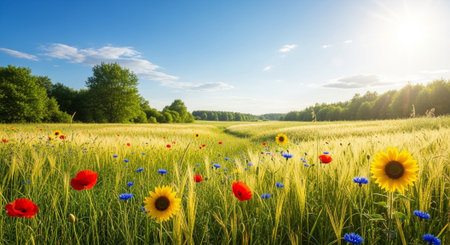 Idyllic summer field with vibrant wildflowers and blue sky