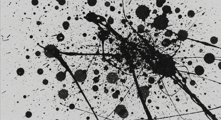 Abstract black ink splatter on textured white paper backgroundの写真素材