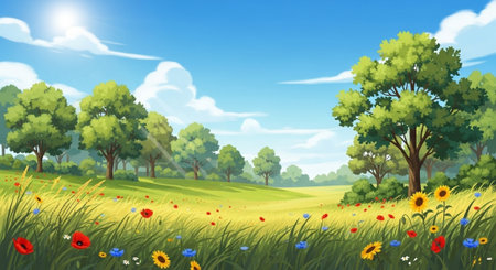 Cartoon field landscape with trees, flowers, and blue skyの写真素材