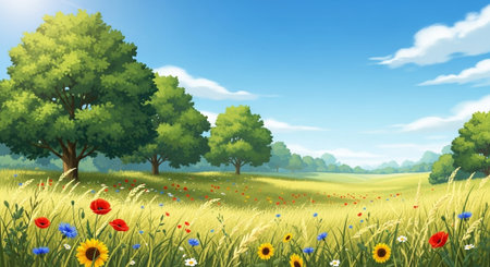 Cartoon illustration of a beautiful meadow with flowersの写真素材