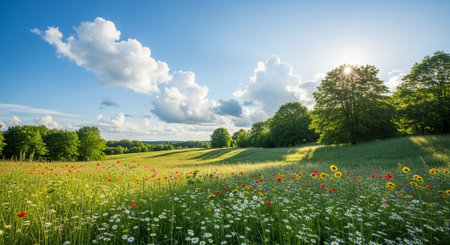 Scenic meadow landscape with wildflowers under a sunny skyの写真素材