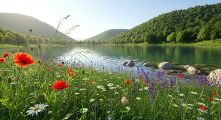 Scenic lake view with wildflowers and mountain backdropの写真素材
