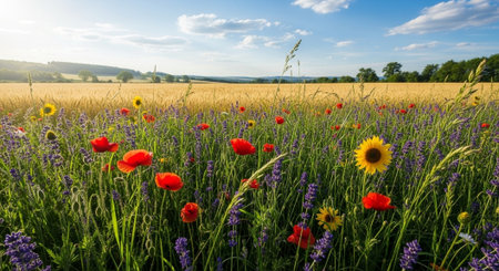 Vibrant wildflower meadow bordering golden wheat field landscapeの写真素材