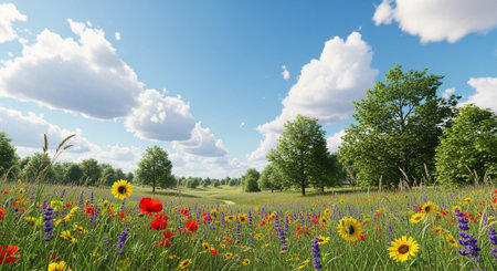 Scenic flower meadow under a bright blue sky with clouds