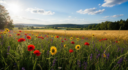 Lush meadow featuring wildflowers, golden wheat, and blue skyの写真素材