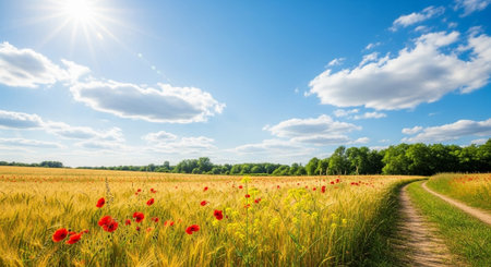 Golden wheat field with red poppies under a blue skyの写真素材