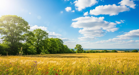 Scenic Wheat Field with Blue Sky and Cloudsの写真素材