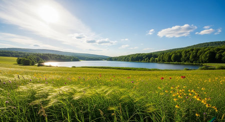 Scenic lakeside meadow with wildflowers, hills, and blue skyの写真素材