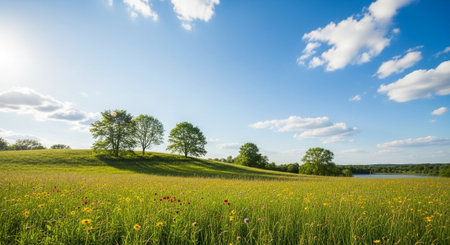Rolling landscape with wildflowers, trees, and blue sky backgroundの写真素材