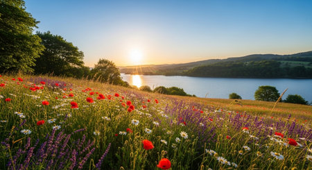 Scenic landscape with colorful wildflower field and lake at sunsetの写真素材