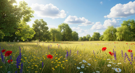 Picturesque summer field with wildflowers and blue sky landscapeの写真素材