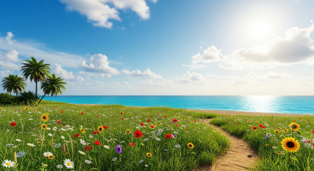Tropical Flower Meadow Leading to a Bright Ocean Viewの写真素材