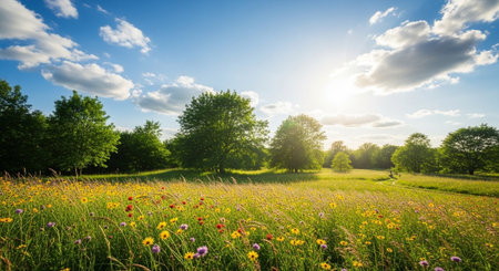 Scenic meadow with wildflowers trees and a sunny blue skyの写真素材