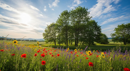 Scenic meadow with wildflowers, trees and bright sky landscape