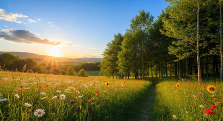 Scenic meadow at sunset with wildflowers and forest edgeの写真素材