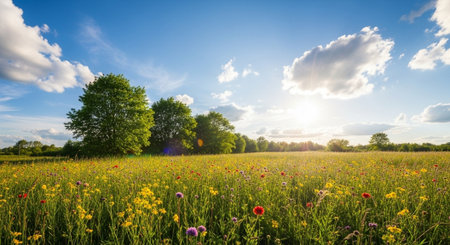 Vibrant wildflower meadow under a clear blue sunny skyの写真素材