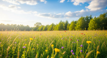 Wildflower meadow with forest in background under a blue skyの写真素材