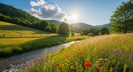 Scenic summer meadow with a stream and wildflowers landscape